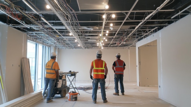 Photo construction workers in an unfinished room with exposed wiring and lighting