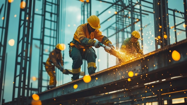 Photo construction workers welding steel beams on a highrise building