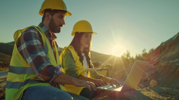 Photo construction workers with laptop