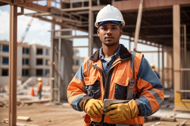 construction workers at work on a bustling construction site