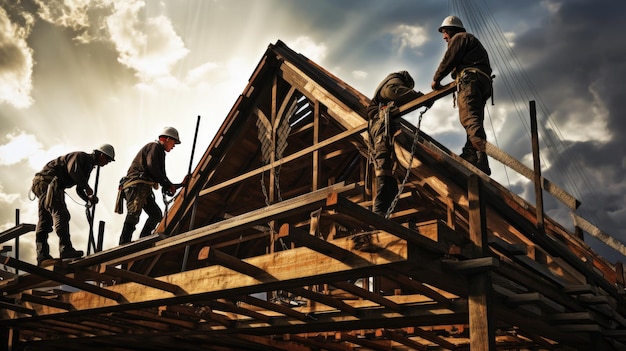 Construction workers working on the roof