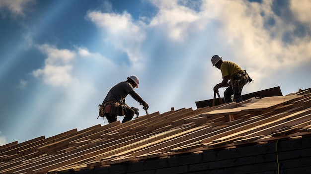 Construction workers working on the roof