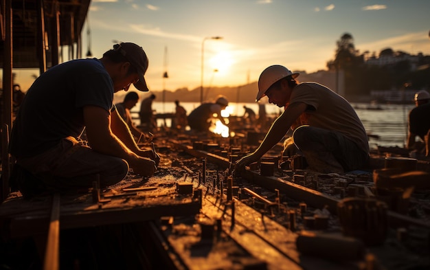 Construction workers working together on a construction site Generative AI