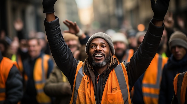 Construction workers in yellow vests and vests raise their hands in the air