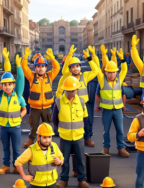 Construction workers in yellow vests and vests raise their hands in the air