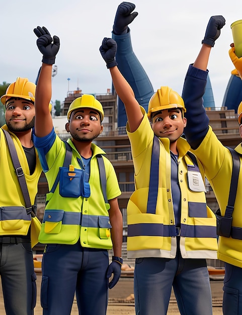 Construction workers in yellow vests and vests raise their hands in the air