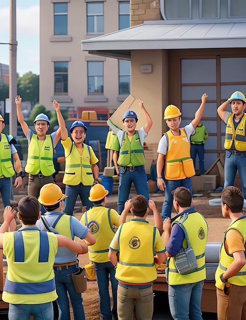 Construction workers in yellow vests and vests raise their hands in the air