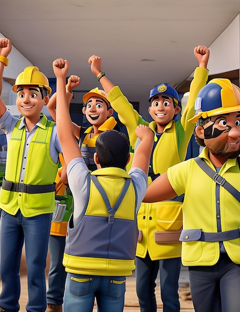 Construction workers in yellow vests and vests raise their hands in the air