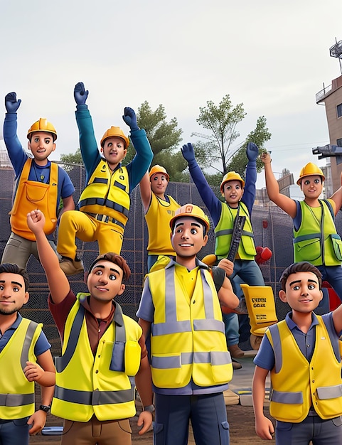 Construction workers in yellow vests and vests raise their hands in the air