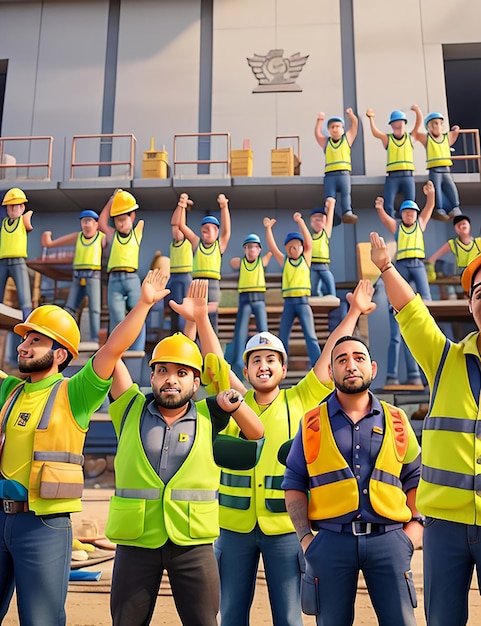 Construction workers in yellow vests and vests raise their hands in the air