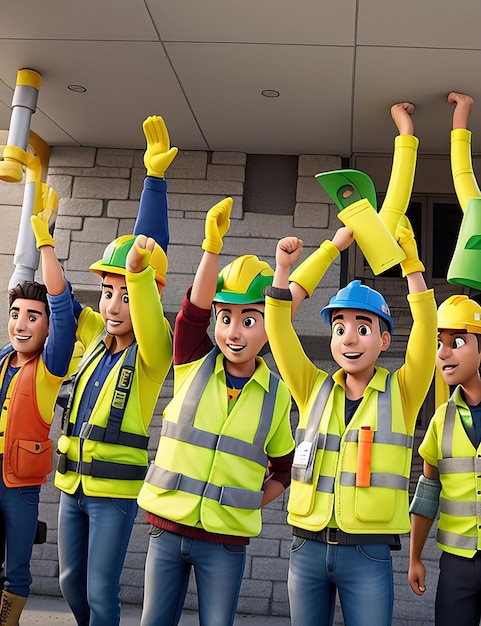 Construction workers in yellow vests and vests raise their hands in the air