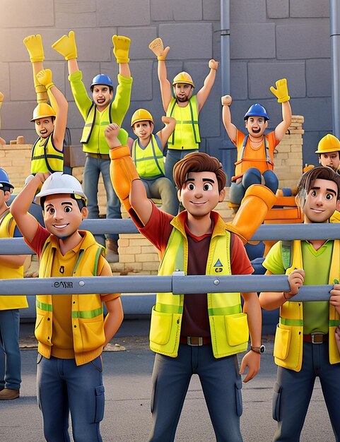 Construction workers in yellow vests and vests raise their hands in the air