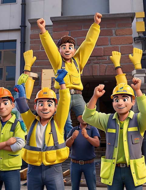 Construction workers in yellow vests and vests raise their hands in the air