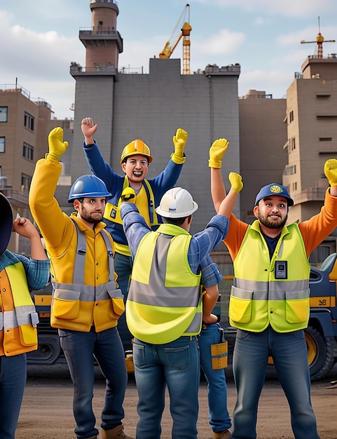 Construction workers in yellow vests and vests raise their hands in the air