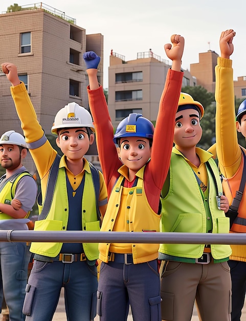 Construction workers in yellow vests and vests raise their hands in the air