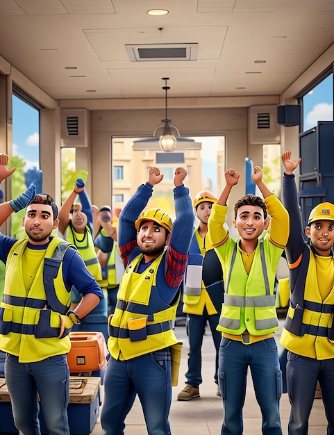 Construction workers in yellow vests and vests raise their hands in the air