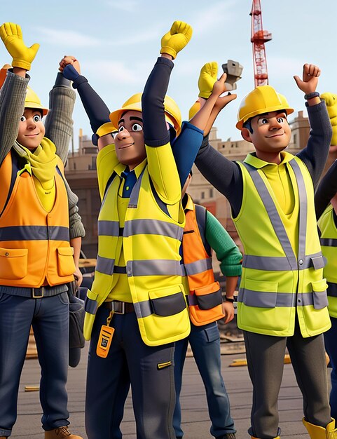 Construction workers in yellow vests and vests raise their hands in the air