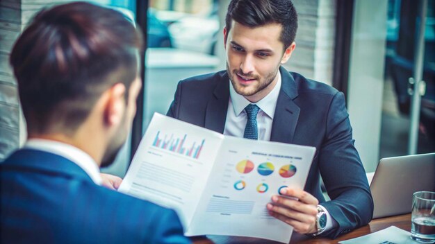 Photo a consultants hand turning the pages of a project analysis report during a client meeting