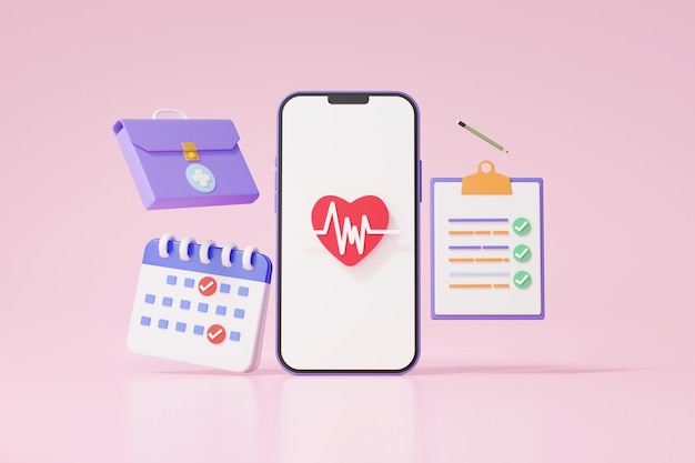 Consultation cardiology online medical via mobile Document personal Checklist on a clipboard paper heart with heartbeat pulse line on pink background cartoon minimal 3d render illustration