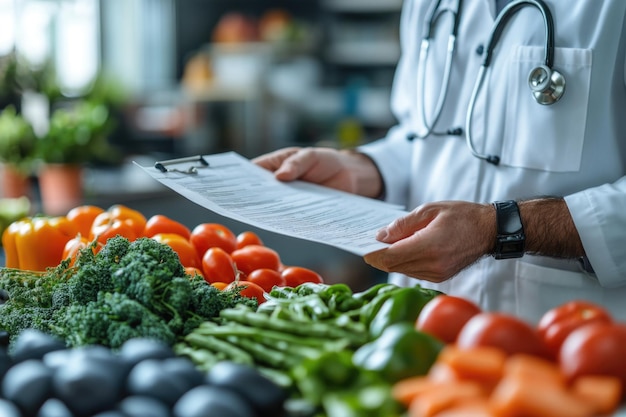 Photo consultation with doctor and dietician discussing healthy eating diet plans and nutrition facts