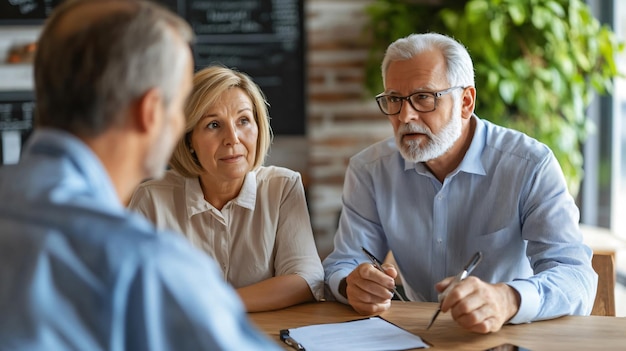 Photo consultation with insurance agent for retirement planning by young couple