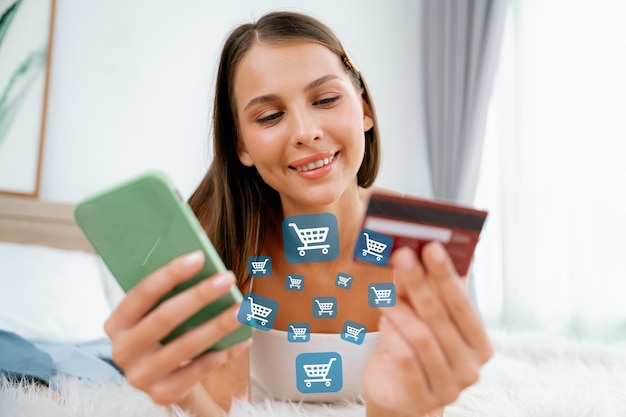 Photo consumer holding credit card typing phone shopping online inventory cybercash