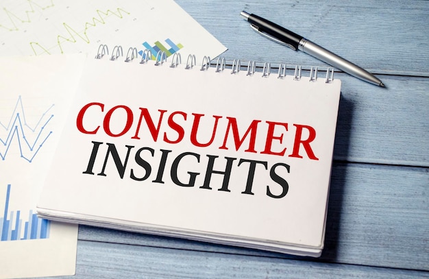 Consumer insights text on blue wooden background