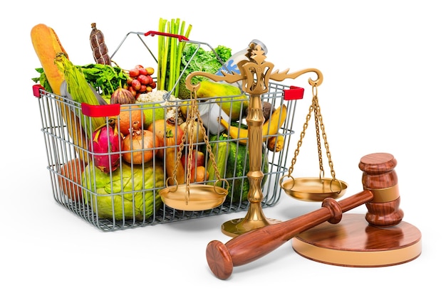 Consumer protection concept Shopping basket full of products with wooden gavel