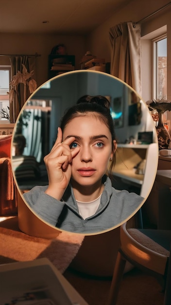 Contact lens for vision young woman puts on optical lenses at home in the room