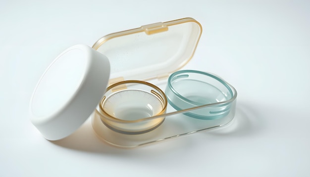 Photo contact lenses for eyes with a container for their storage isolated with white highlights