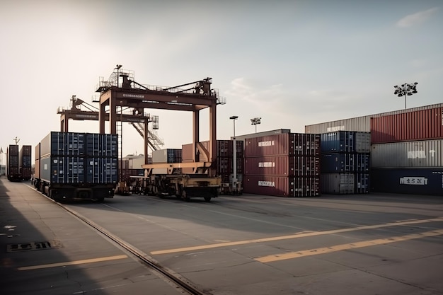 Container Cargo freight ship with working crane bridge in shipyard