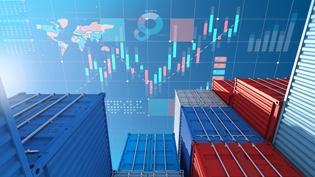 Container cargo for import export business and digital stock market chart , 3d rendering