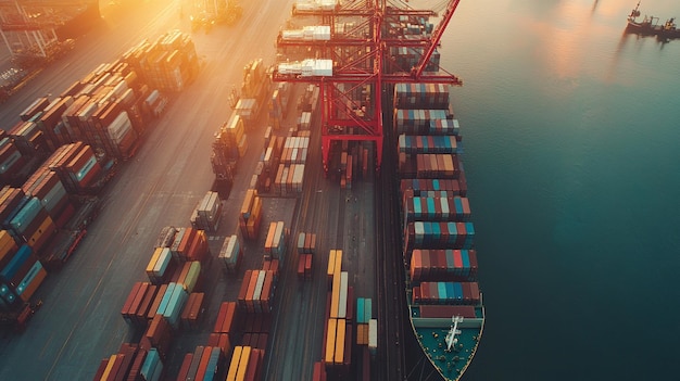 Container cargo ship while loading and unloading at the port