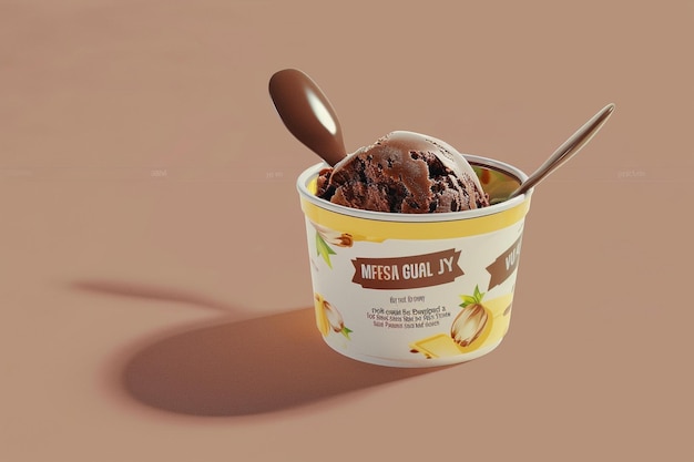 Photo a container of chocolate ice cream with a spoon in it