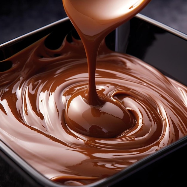 a container of chocolate with a heart shaped chocolate splash.