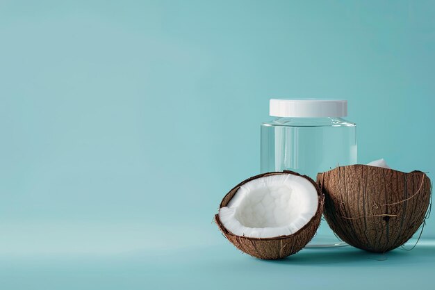 Photo a container of coconut oil and coconut water with a coconut