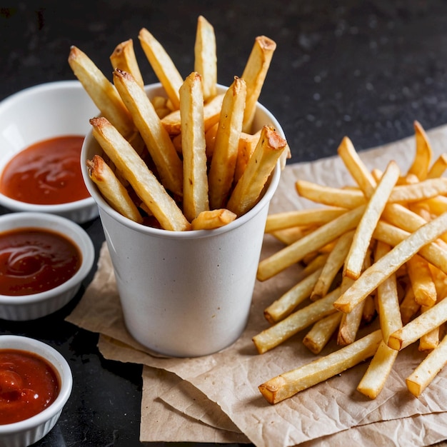 a container of french fries with ketchup and ketchup