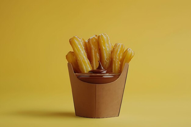 Photo a container of french fries with a paper bag that says quot donuts quot