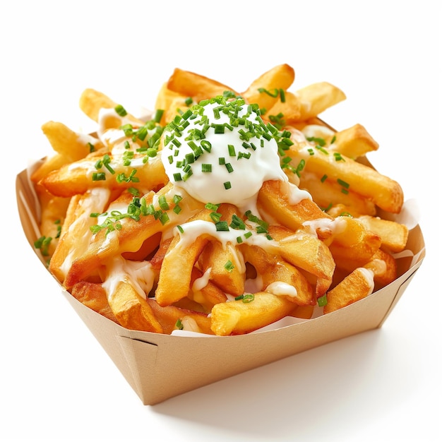 a container of french fries with a white sauce and parsley on top