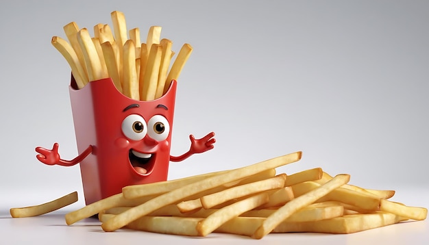 a container of fries and a cartoon character with a face on it