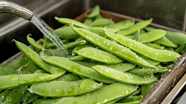 a container of green peas with water drops is being poured into a washing machine