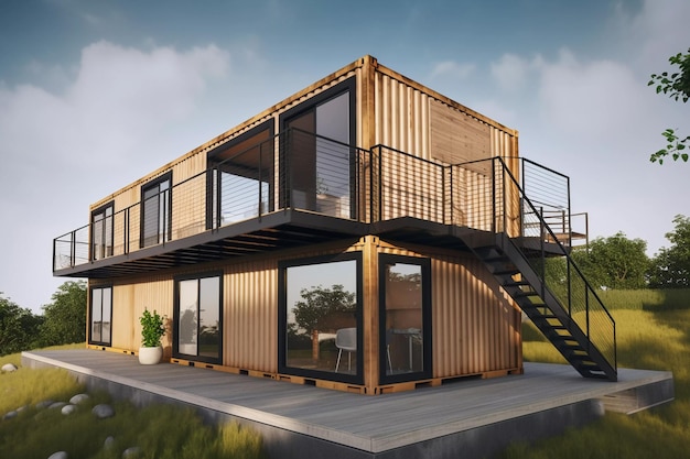 A container home with a staircase and a sky background