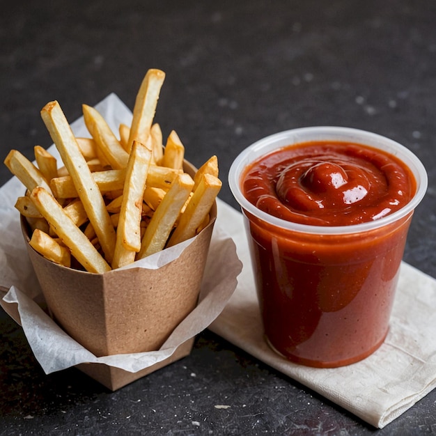 a container of ketchup and french fries with ketchup