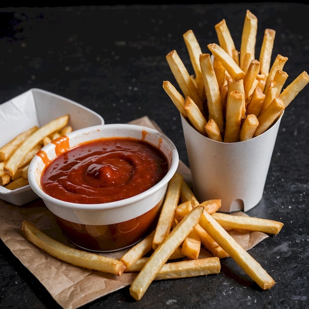 a container of ketchup with french fries and ketchup