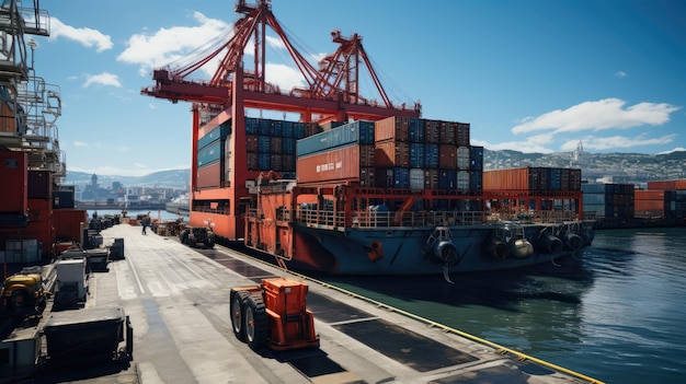 Container loading on cargo ship with big crane industrial background