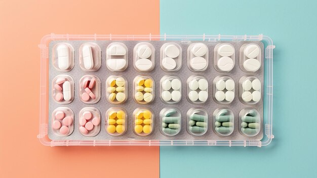 Photo a container of pills with a blue background with a white top that says pill