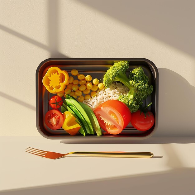 Photo a container of rice broccoli and rice with a fork next to it