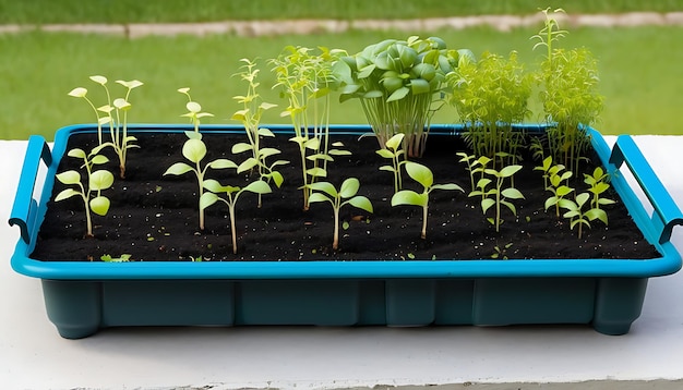 a container of seedlings with a plant in it