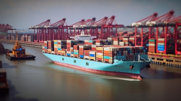 Container ship on the background of the port carrying colorful containers ai generated