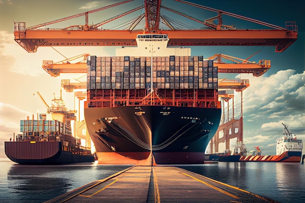 Container Ship Being Loaded and Unloaded